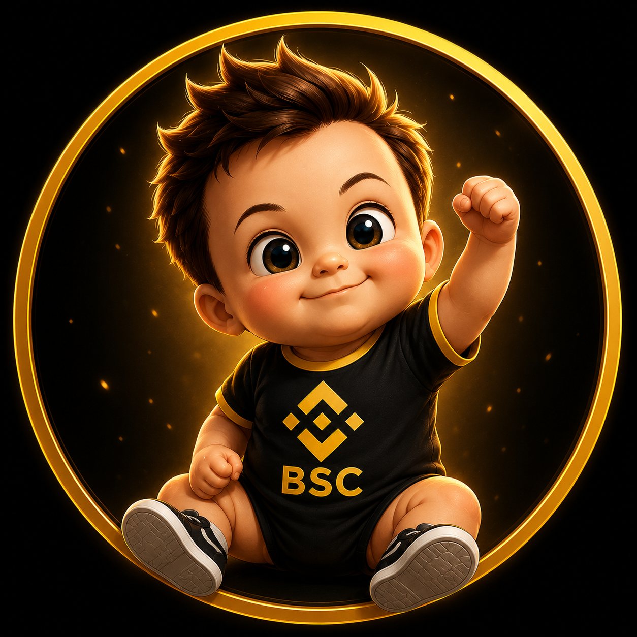 Baby Elon — a cartoon baby wearing a BSC shirt inside a gold ring